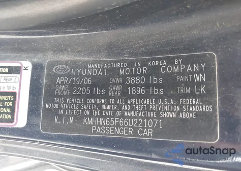 2006 Hyundai Tiburon Gt/Gt Limited/Se z USA, uszkodzony, nr VIN KMHHN65F66U221071